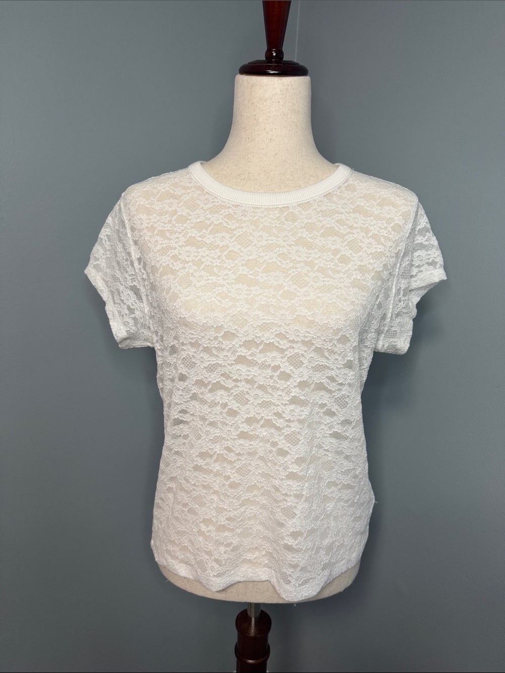 Aerie Women’s White Sheer Lace Short Sleeve Top Sz M
